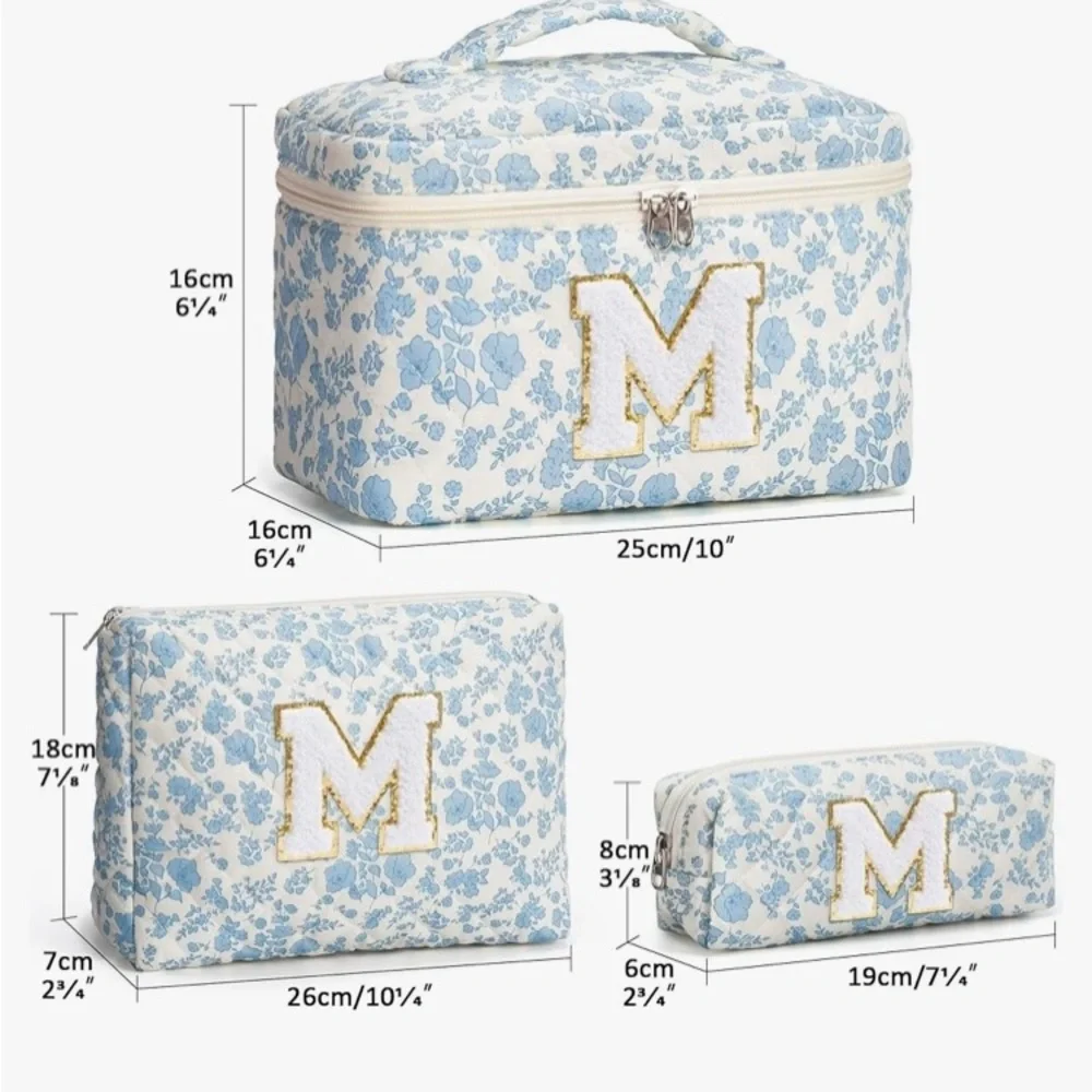 3 pc Quilted Floral Makeup Cosmetic Toiletry Bag Set - Initial M